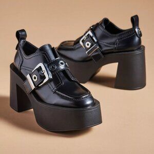 LARROUDE Stewart Platform Oxford Heels Size 8 Black Leather Chunky NEW $375